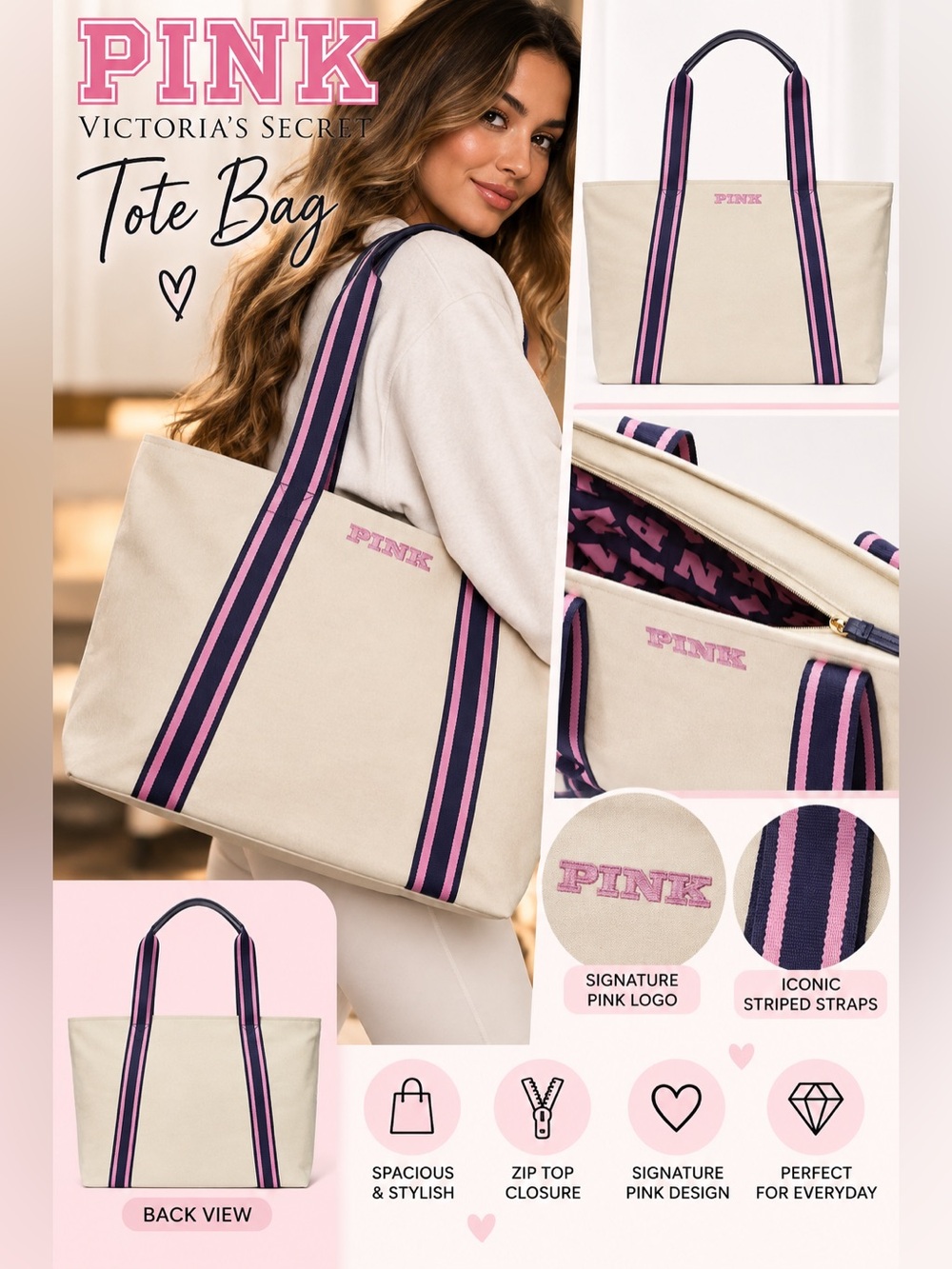 PINK Victoria's Secret Cream Canvas Tote with Pink & Navy Striped Handles